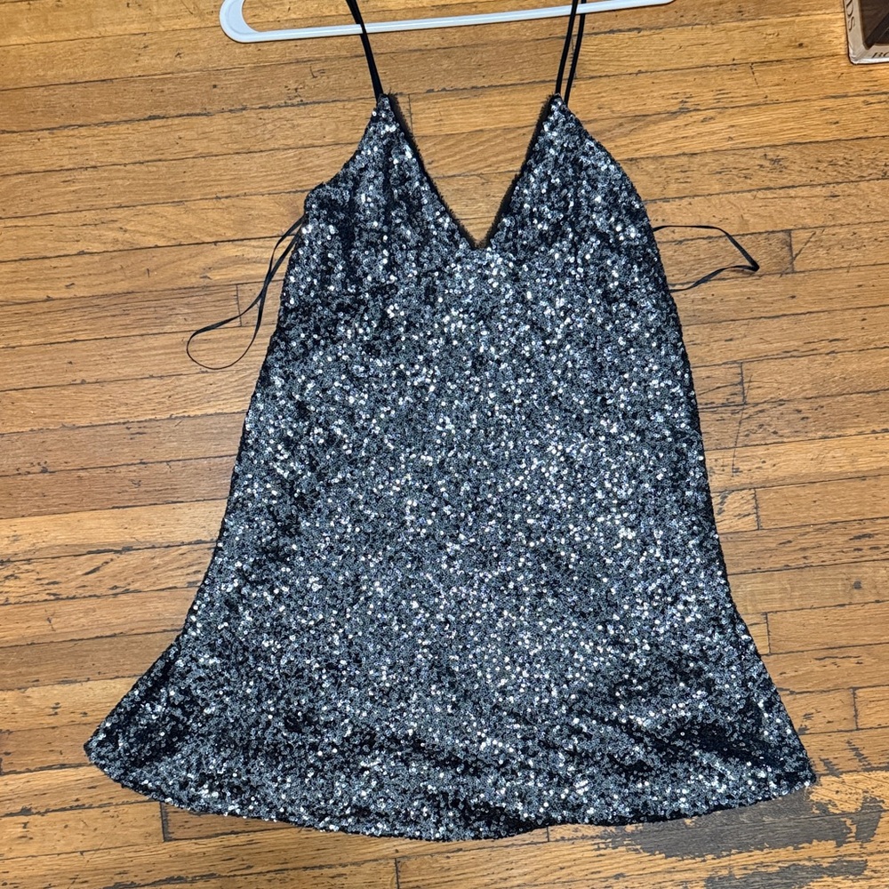 ZARA Sequin Slip Dress - Black Silver Sparkle